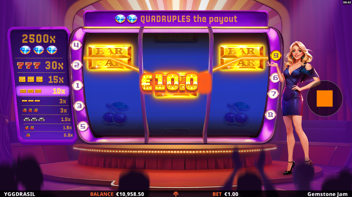 Gemstone Jam showing 9 dynamic paylines across the 3x3 grid