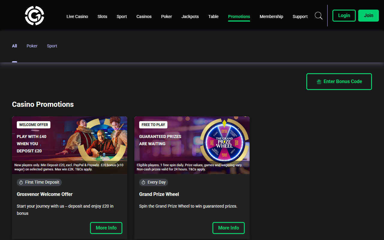 Grosvenor promotions screenshot