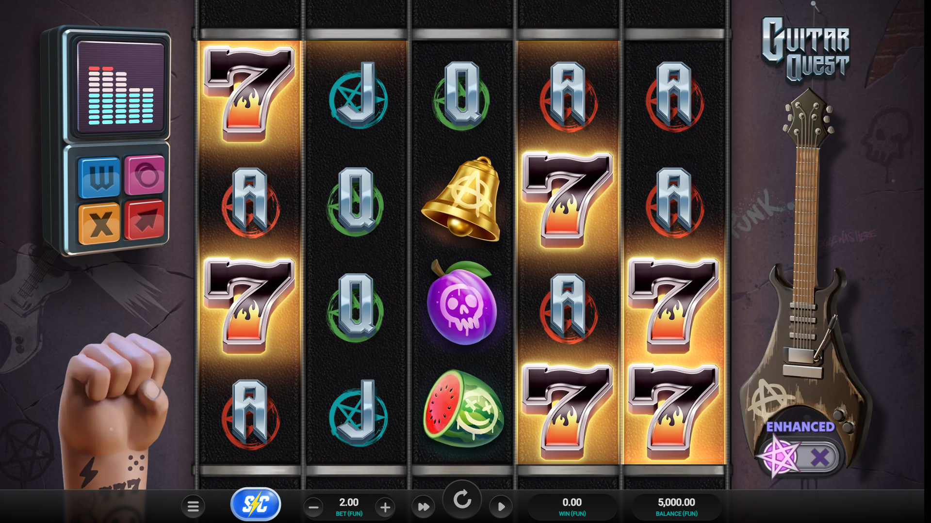 Guitar Quest base game gameplay on 5x4 grid with rock music theme symbols