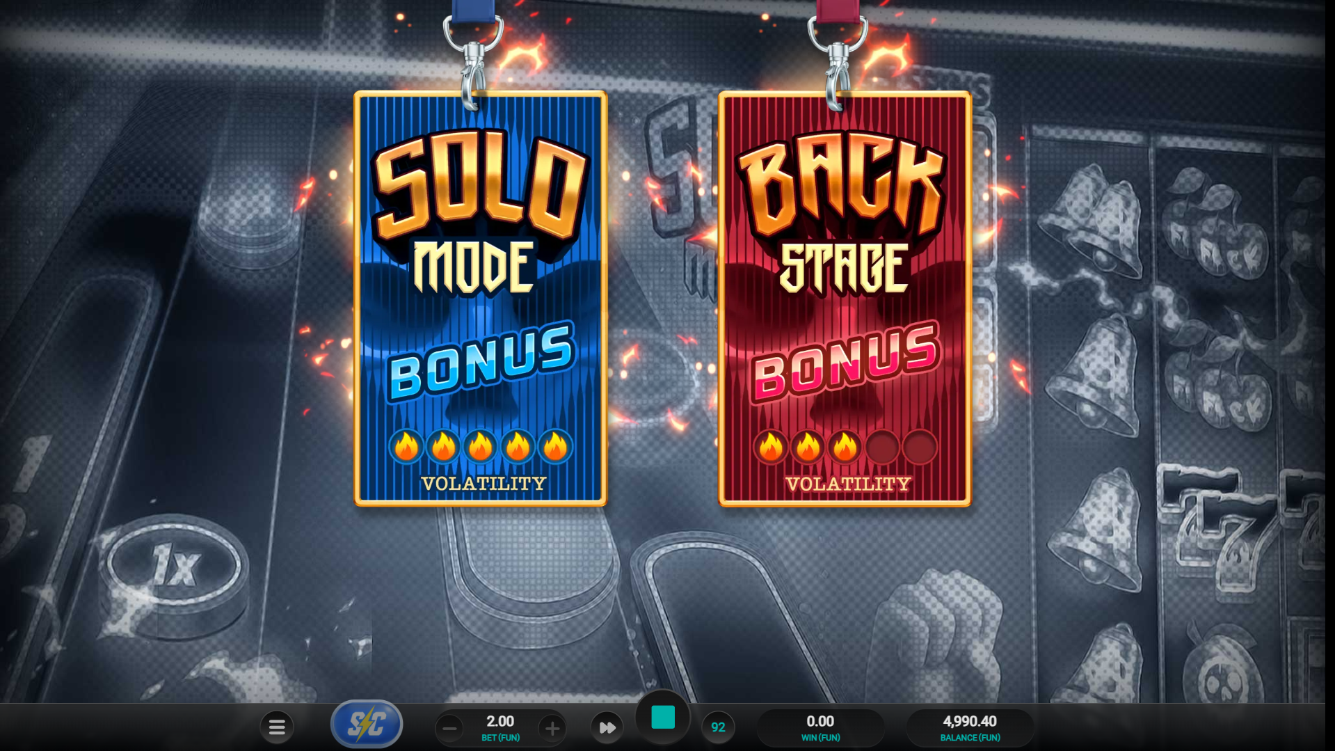 Guitar Quest bonus trigger screen showing Solo Mode and Backstage Bonus choice