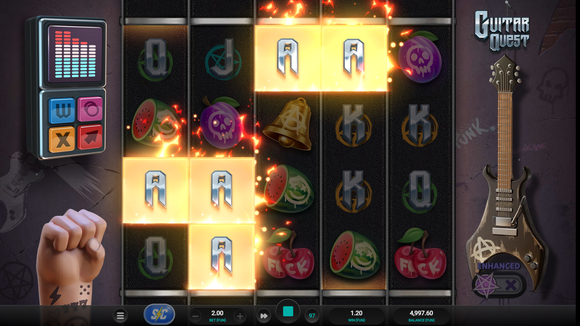 Guitar Quest base game showing 1,024 ways to win mechanic with winning symbols