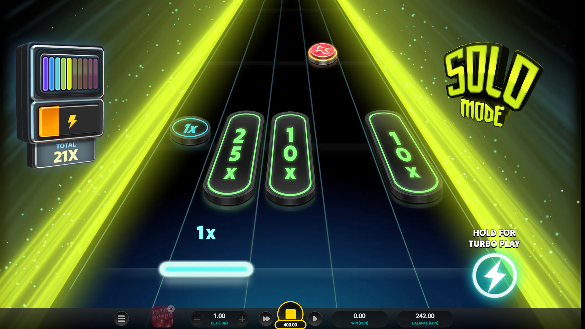 Guitar Quest Solo Mode Bonus round showing coin collecting gameplay with multipliers