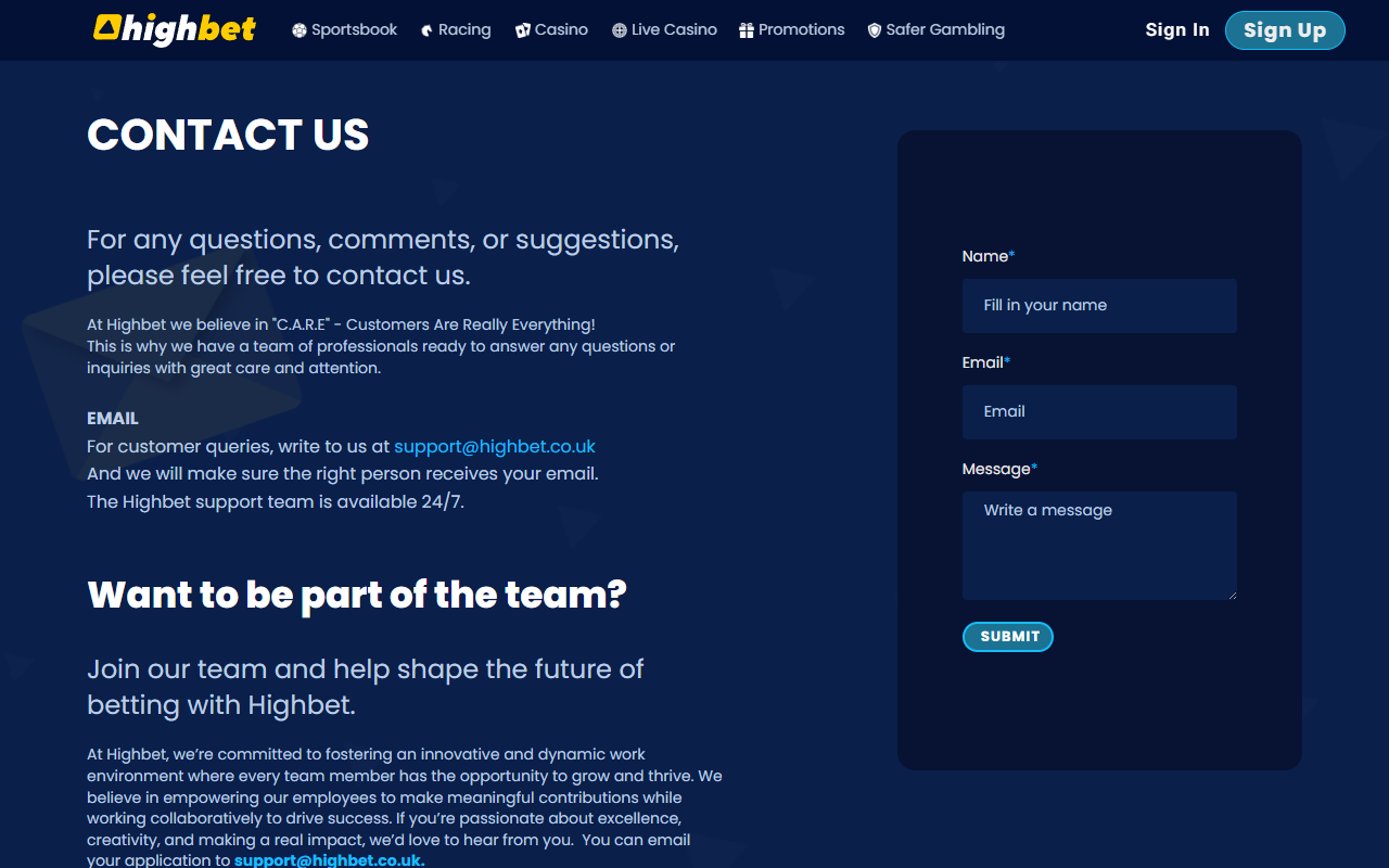 HighBet Casino support screenshot