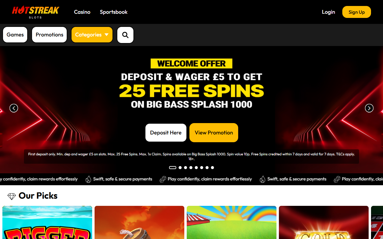Hot Streak Casino homepage screenshot