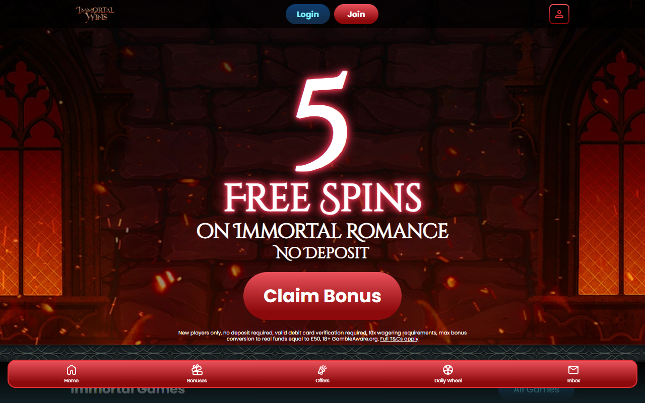 Immortal Wins homepage screenshot