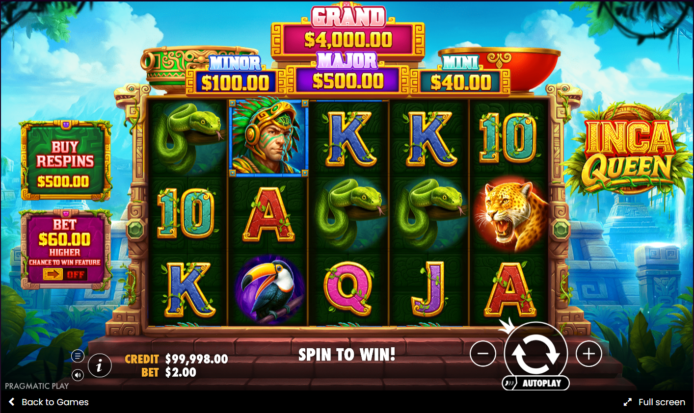 Inca Queen base game gameplay with Inca Queen Wild symbol