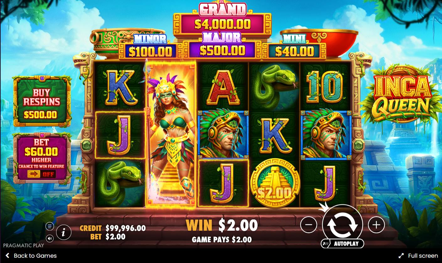 Inca Queen gameplay screenshot showing winning combination