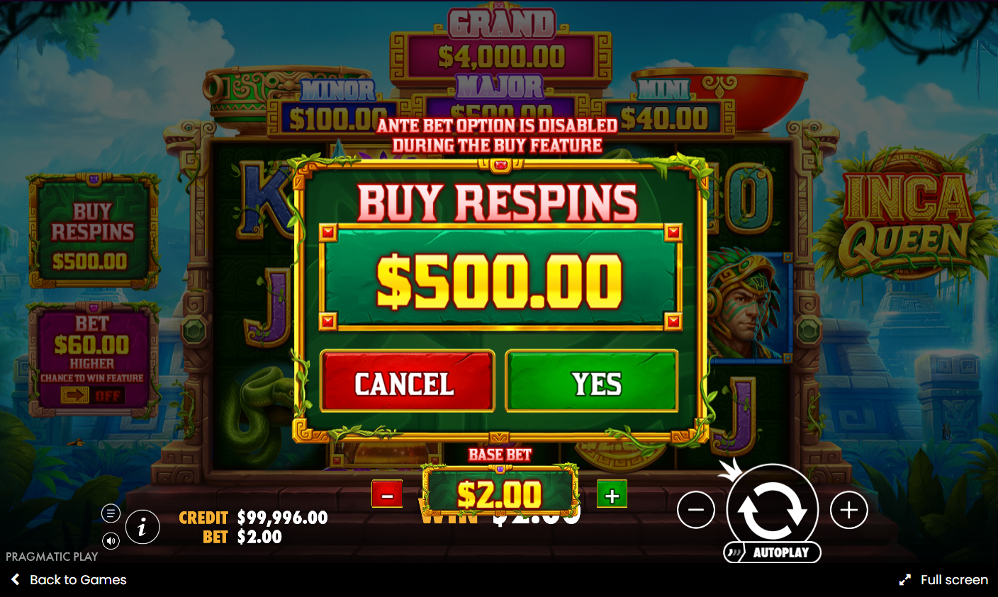 Inca Queen Buy Feature dialog showing bonus respin cost