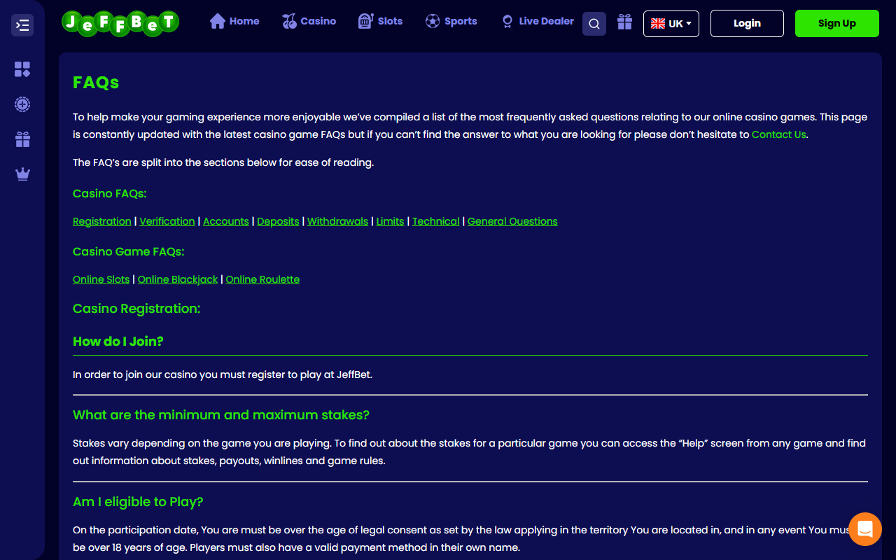 Jeffbet support screenshot