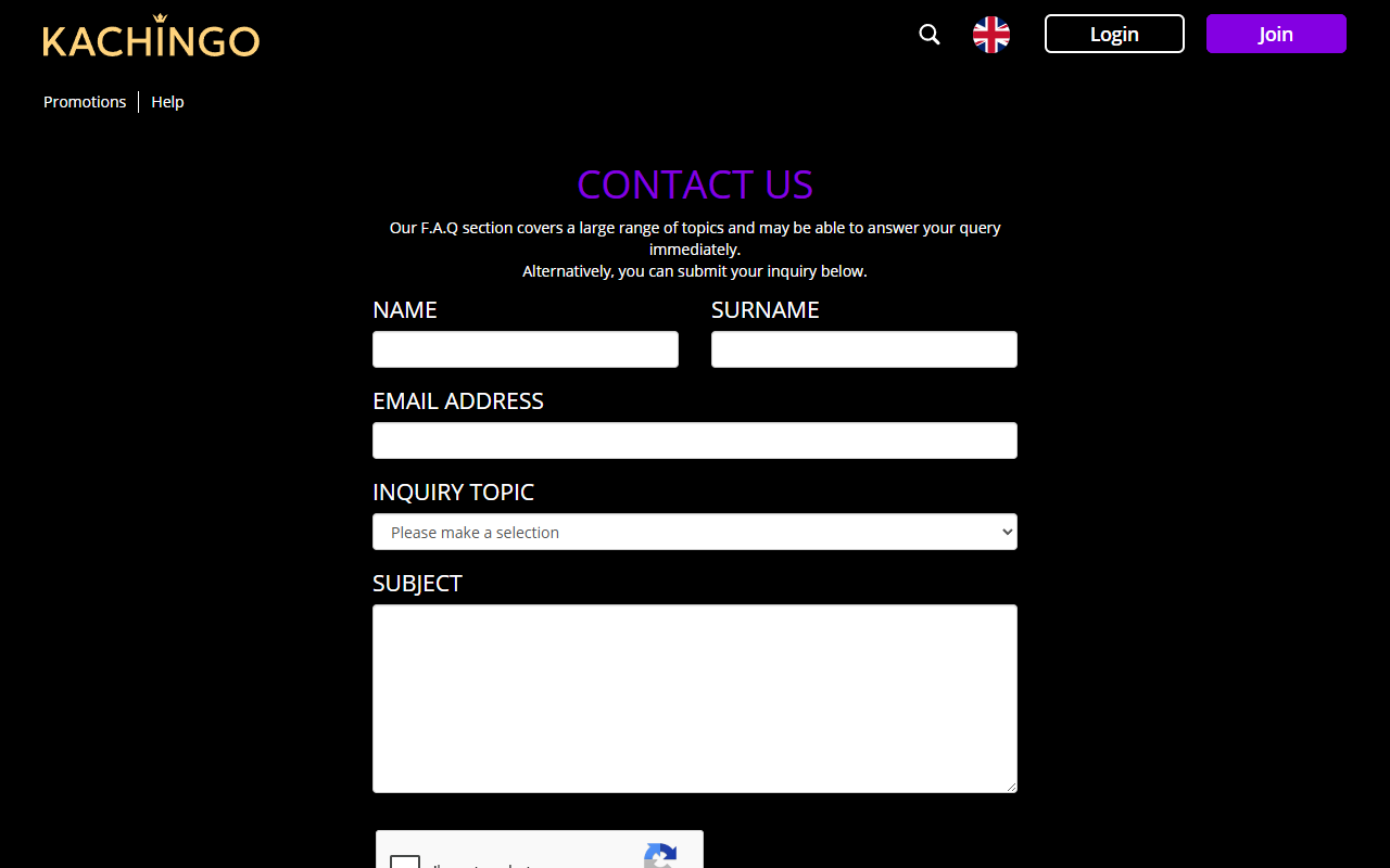 Kachingo Casino support screenshot