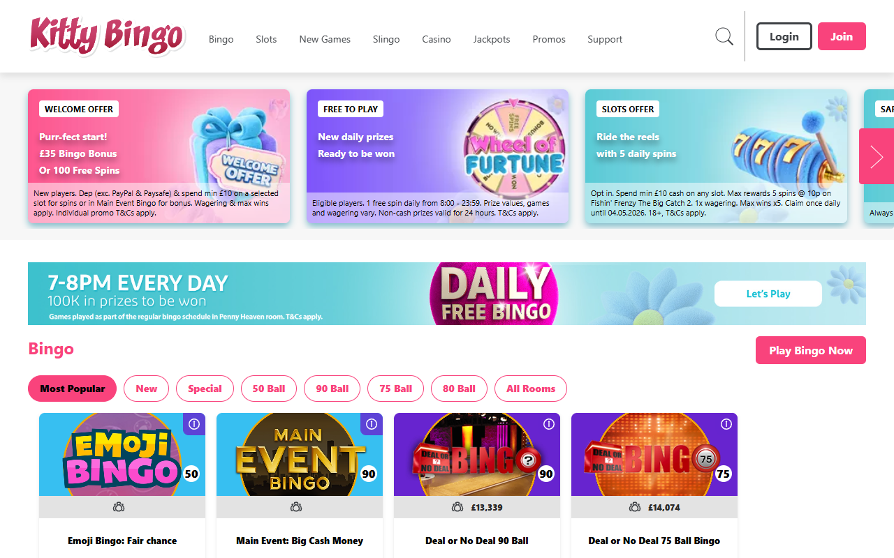 Kitty Bingo homepage screenshot