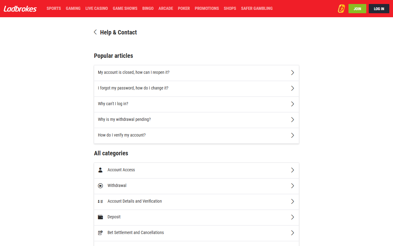 Ladbrokes support screenshot