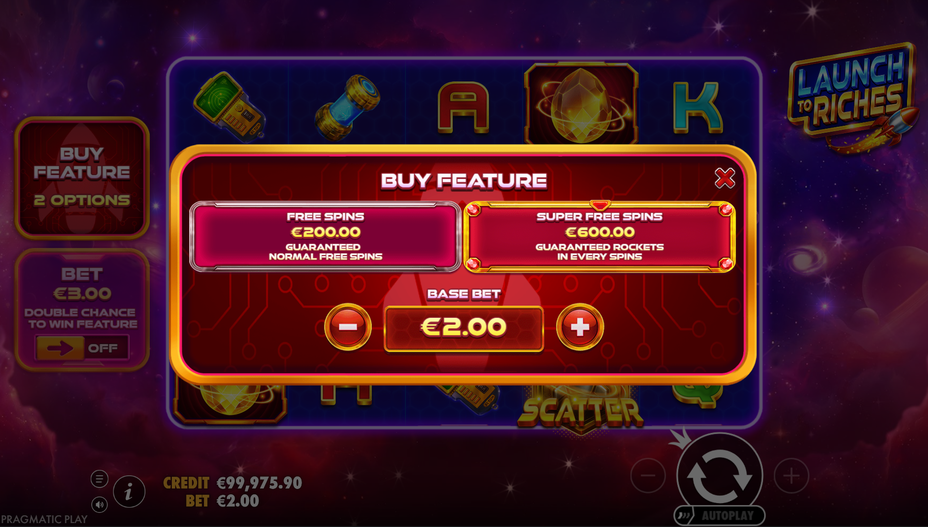 Launch to Riches bonus buy options screenshot