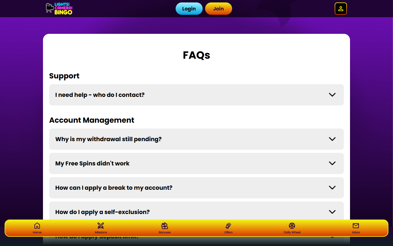 Lights Camera Bingo support screenshot
