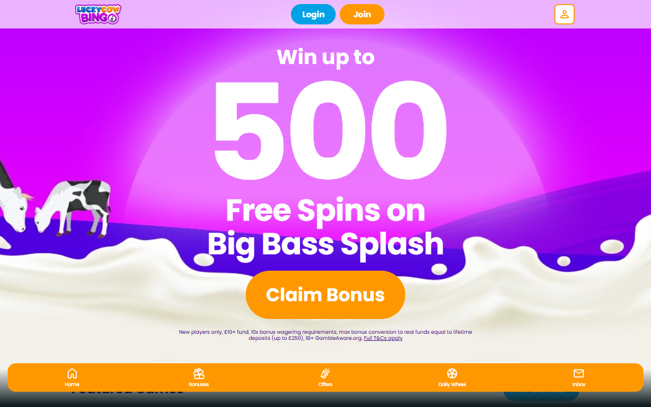 Lucky Cow Bingo homepage screenshot