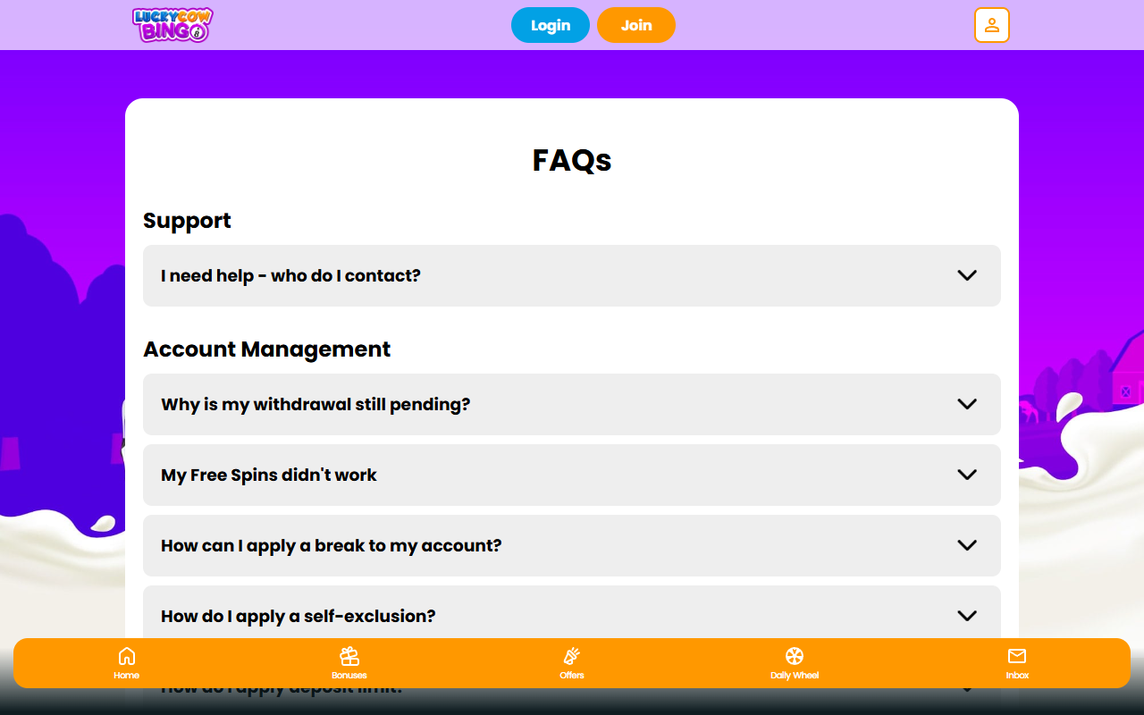 Lucky Cow Bingo support screenshot
