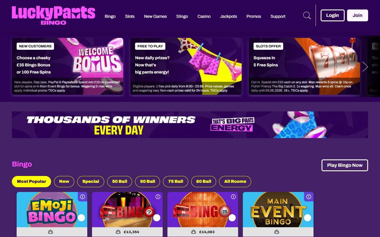 Lucky Pants Bingo homepage screenshot