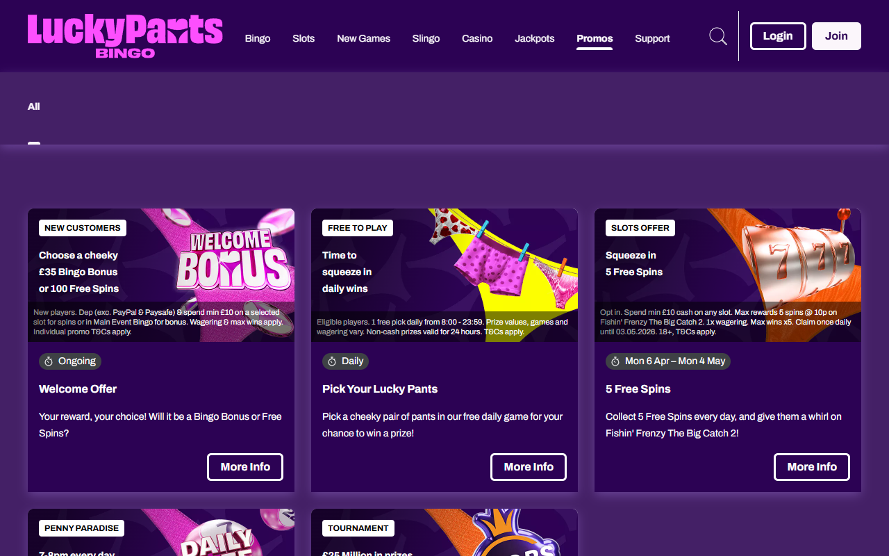 Lucky Pants Bingo promotions screenshot