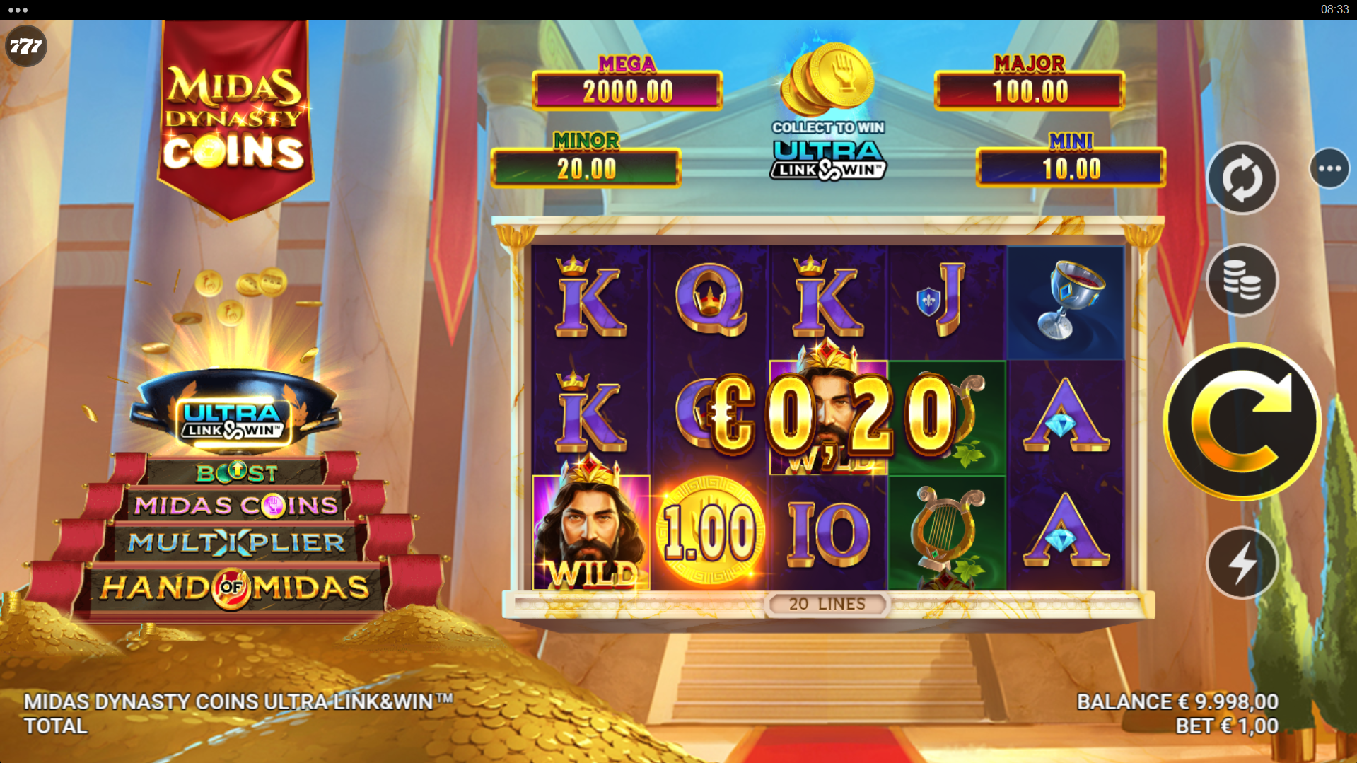 Midas Dynasty offers 20 fixed paylines