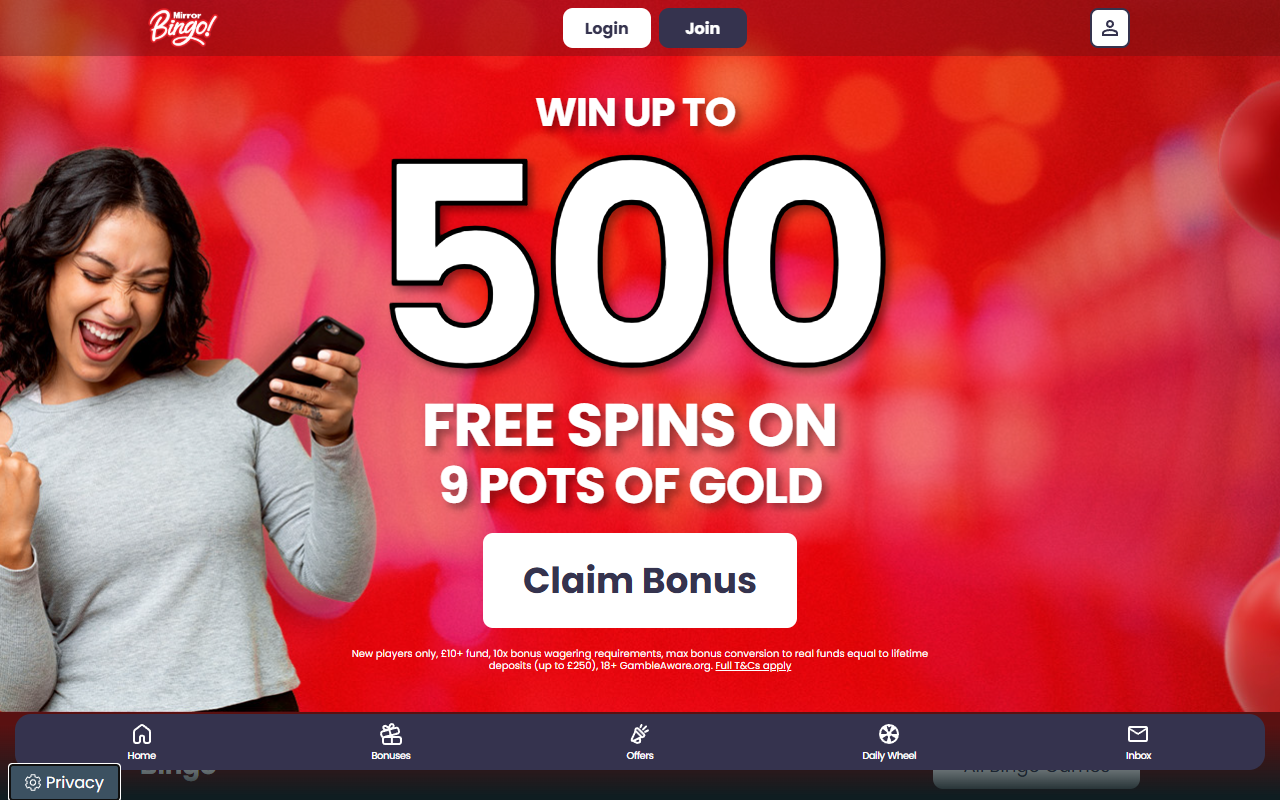 Mirror Bingo homepage screenshot