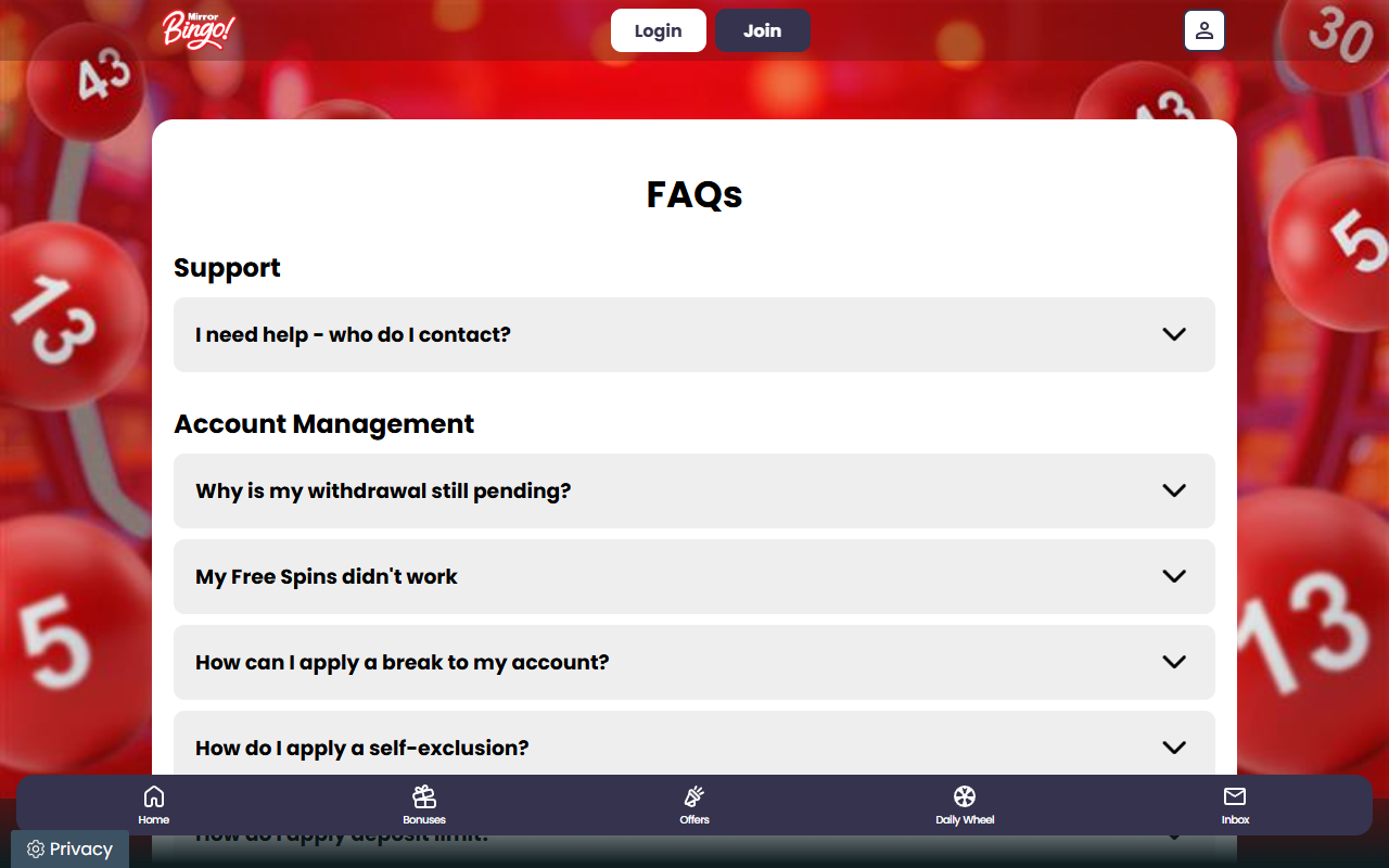 Mirror Bingo support screenshot