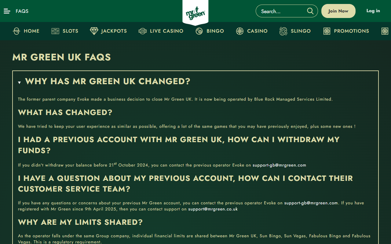 Mr. Green Casino support screenshot