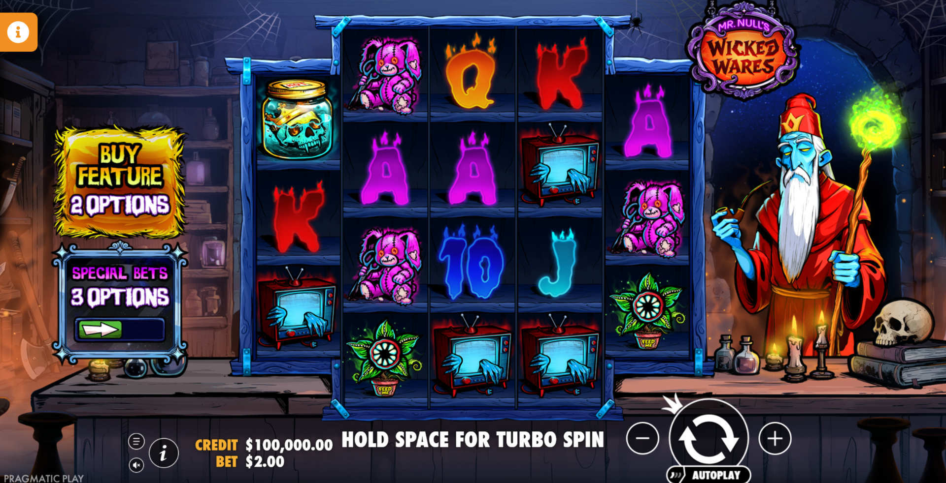 Mr Null's Wicked Wares base game view showing 5-reel layout with wizard character