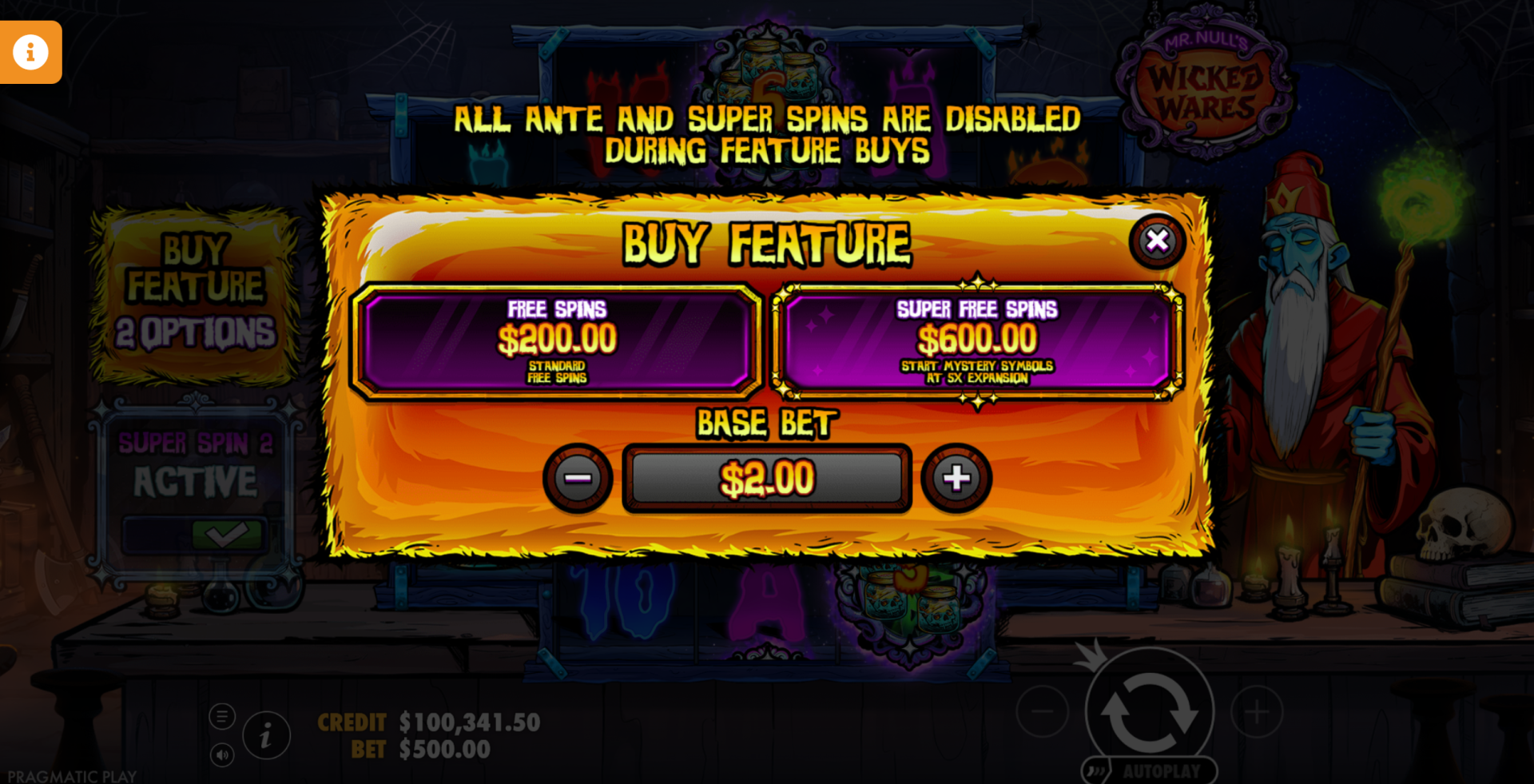 Bonus Buy feature menu showing free spins purchase options