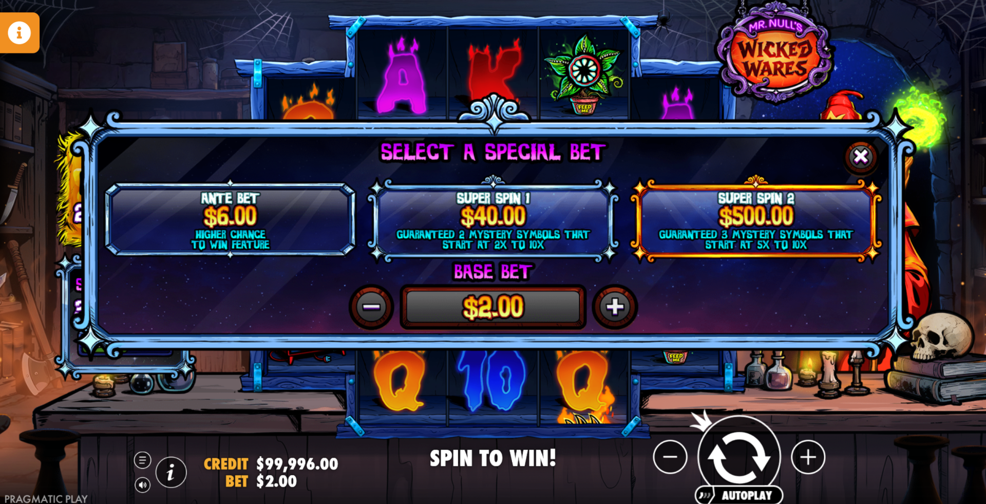 Special Bets menu showing different bet level options for free spins