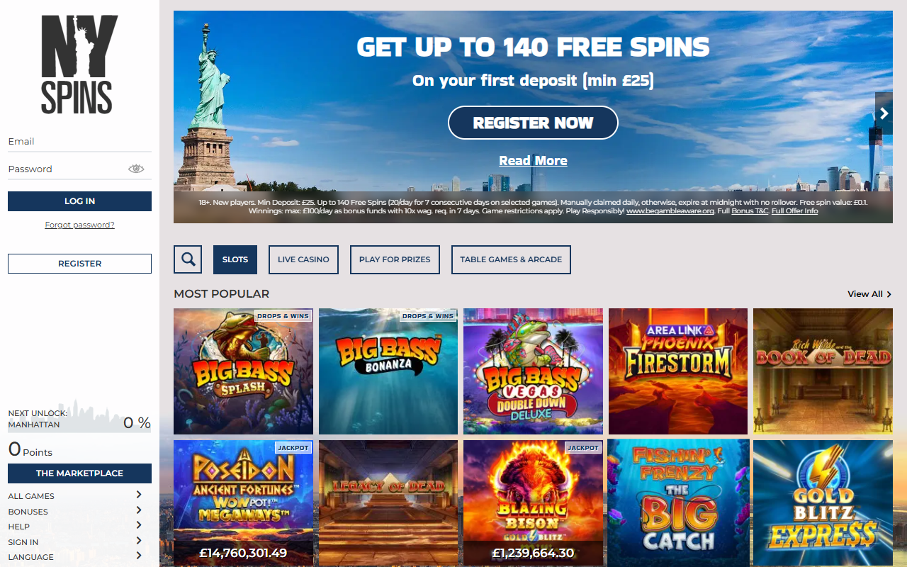 NY Spins homepage screenshot
