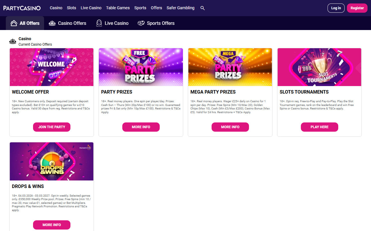 Party Casino promotions screenshot