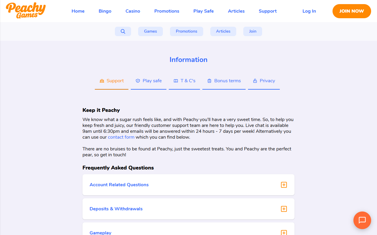 Peachy Games support screenshot