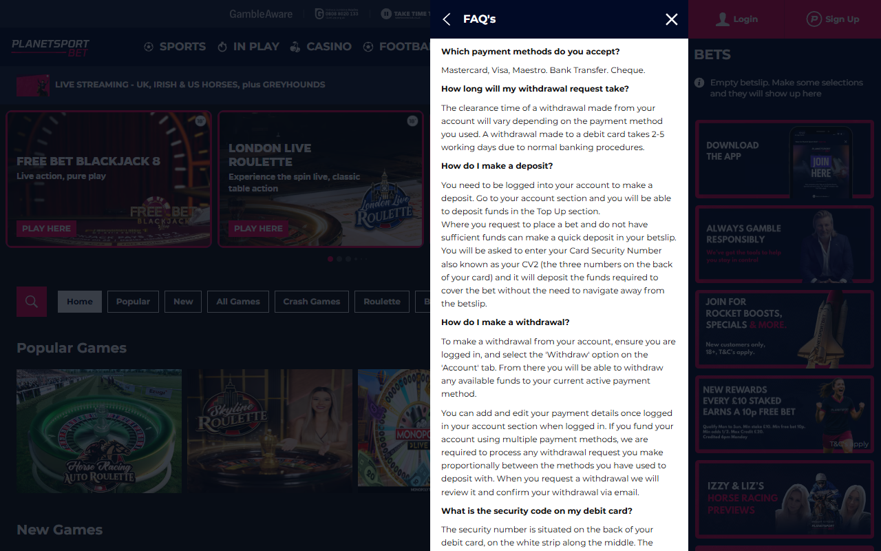 Planet Sport Bet support screenshot