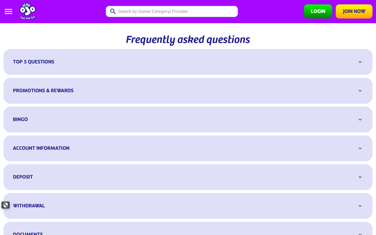 PlayOJO Casino support screenshot