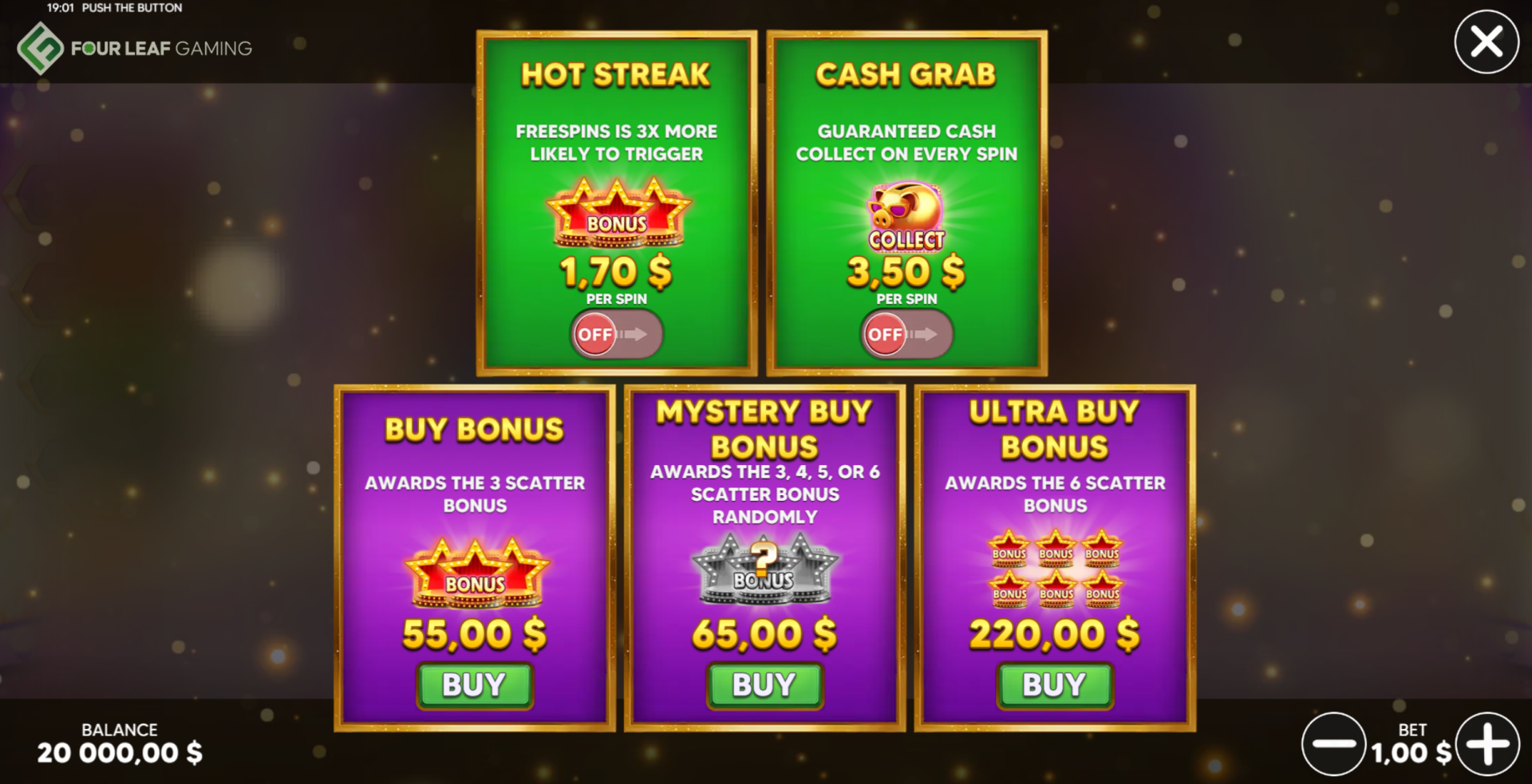 Push the Button Feature Buy options menu showing multiple buy-in levels