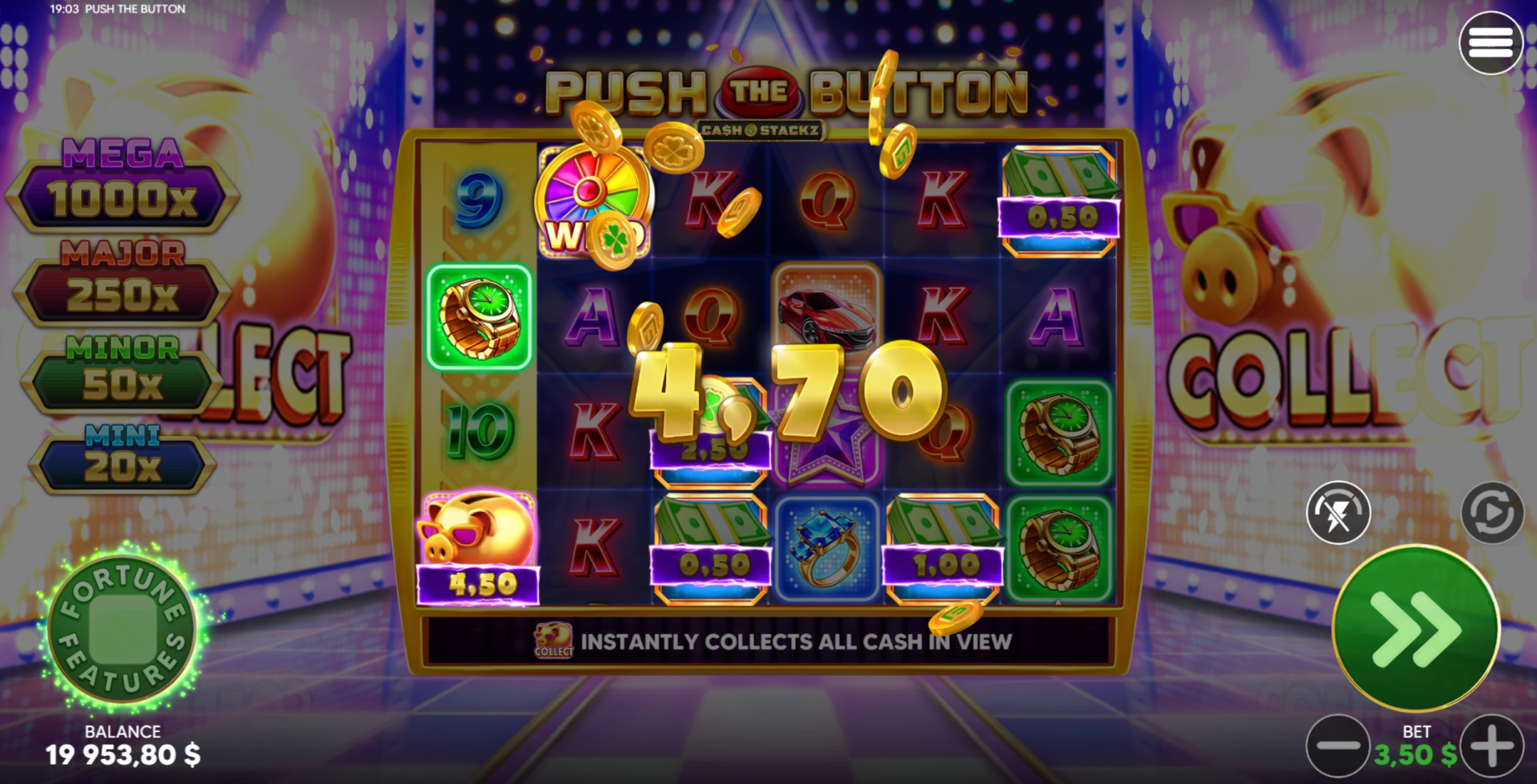 Push the Button Cash Grab Spins feature with cash symbols on reels
