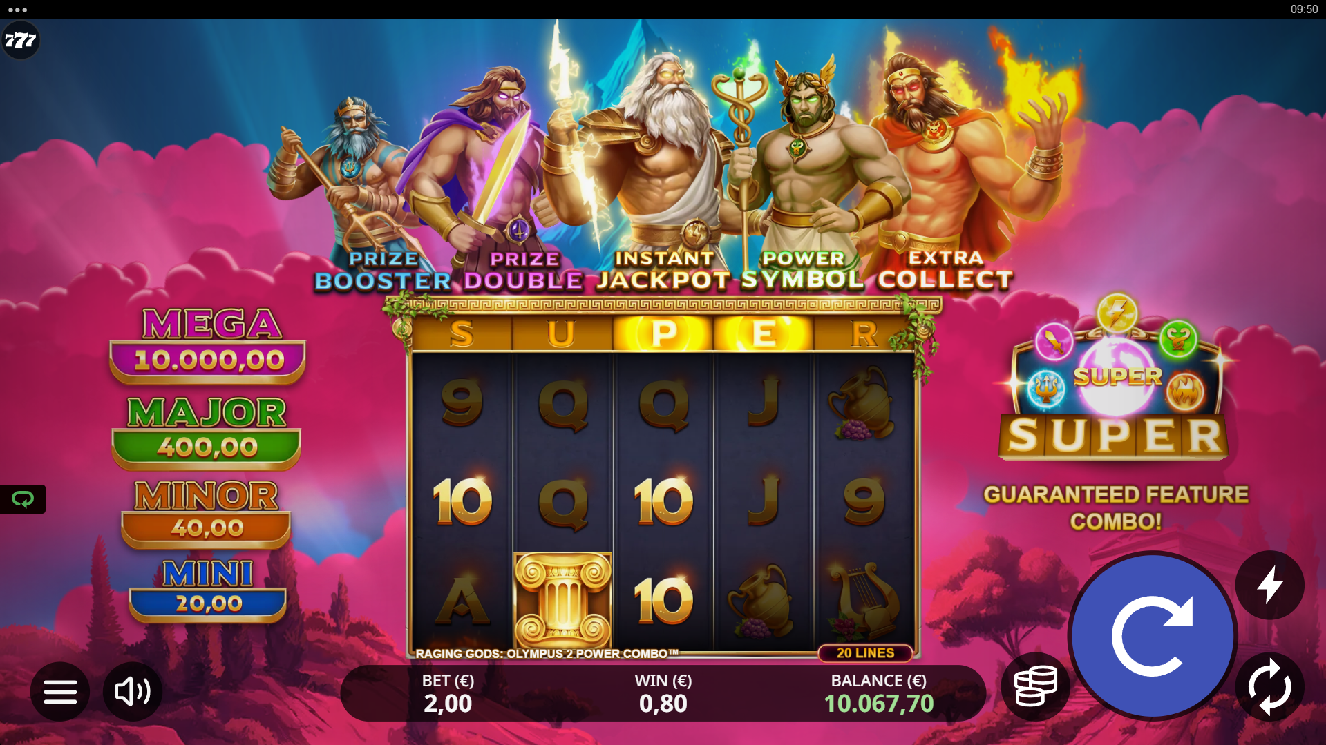 Raging Gods Olympus 2 showing 20 fixed paylines grid layout