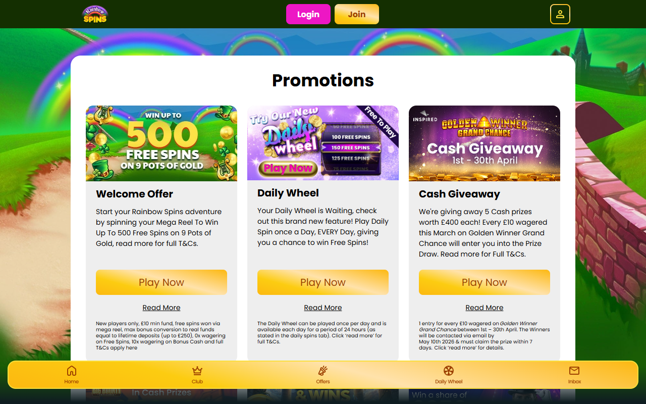 Rainbow Spins Casino promotions screenshot