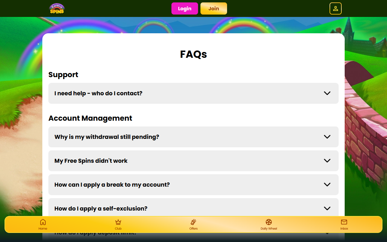 Rainbow Spins Casino support screenshot