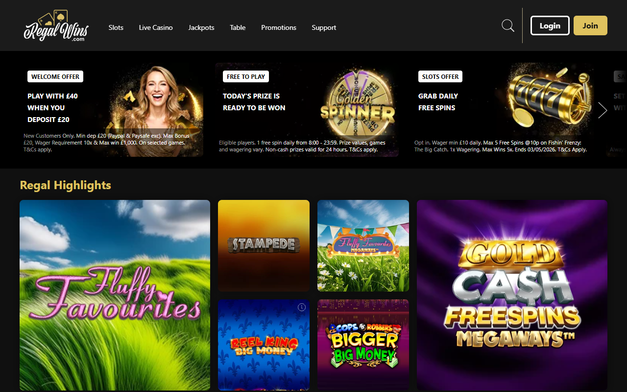 Regal Wins homepage screenshot