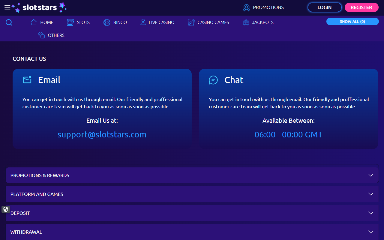 SlotStars Casino support screenshot