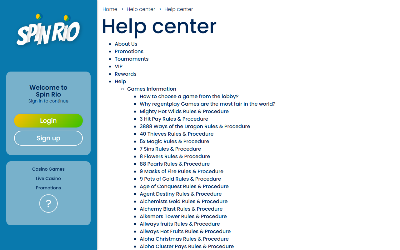 Spin Rio Casino support screenshot