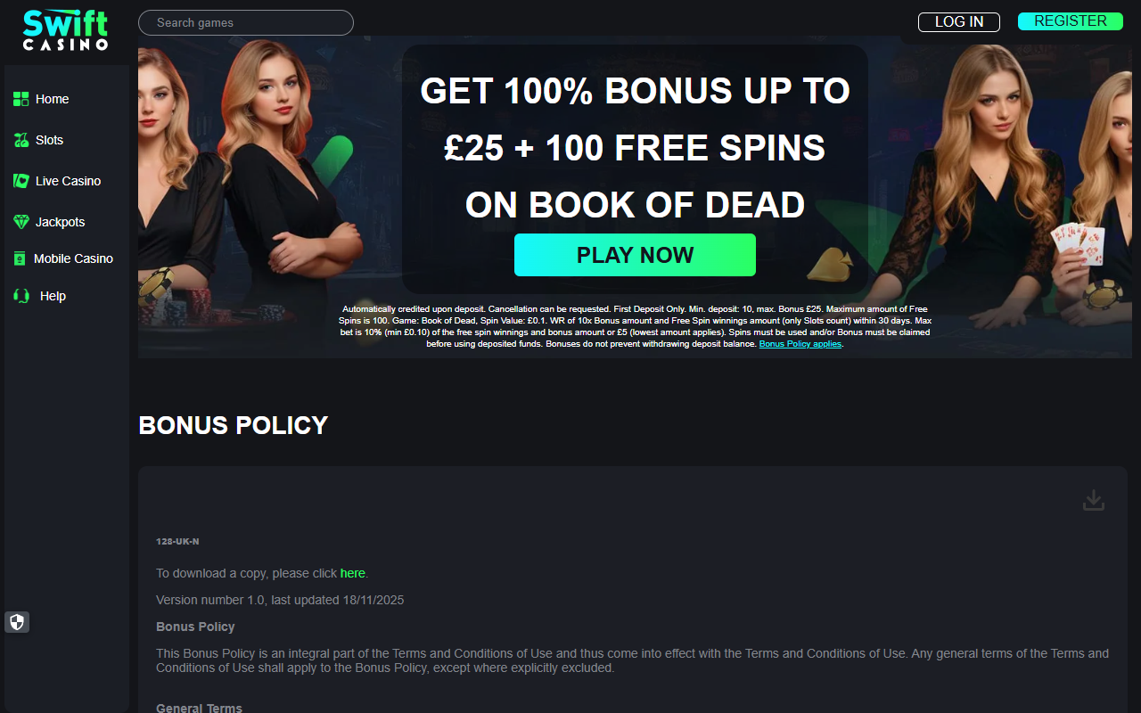 Swift Casino promotions screenshot