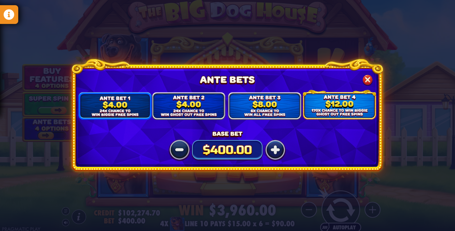 The Big Dog House anti bet options menu