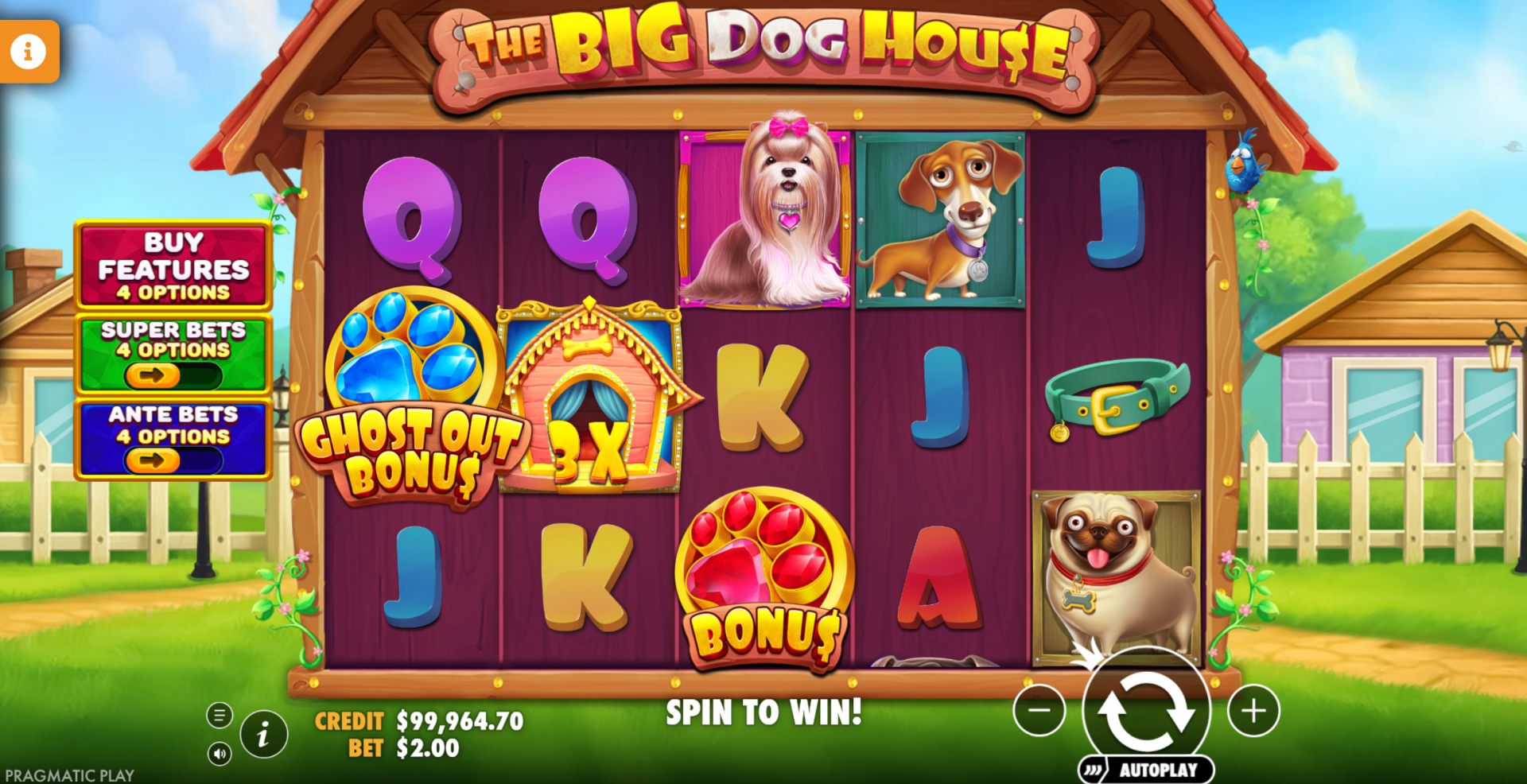 The Big Dog House base game showing 5x3 reel grid with multiplier wilds