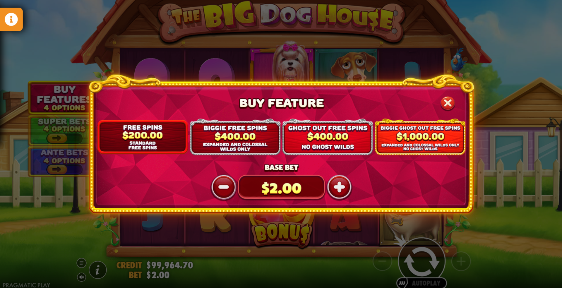 The Big Dog House bonus buy options showing 100x, 200x and 500x stake costs