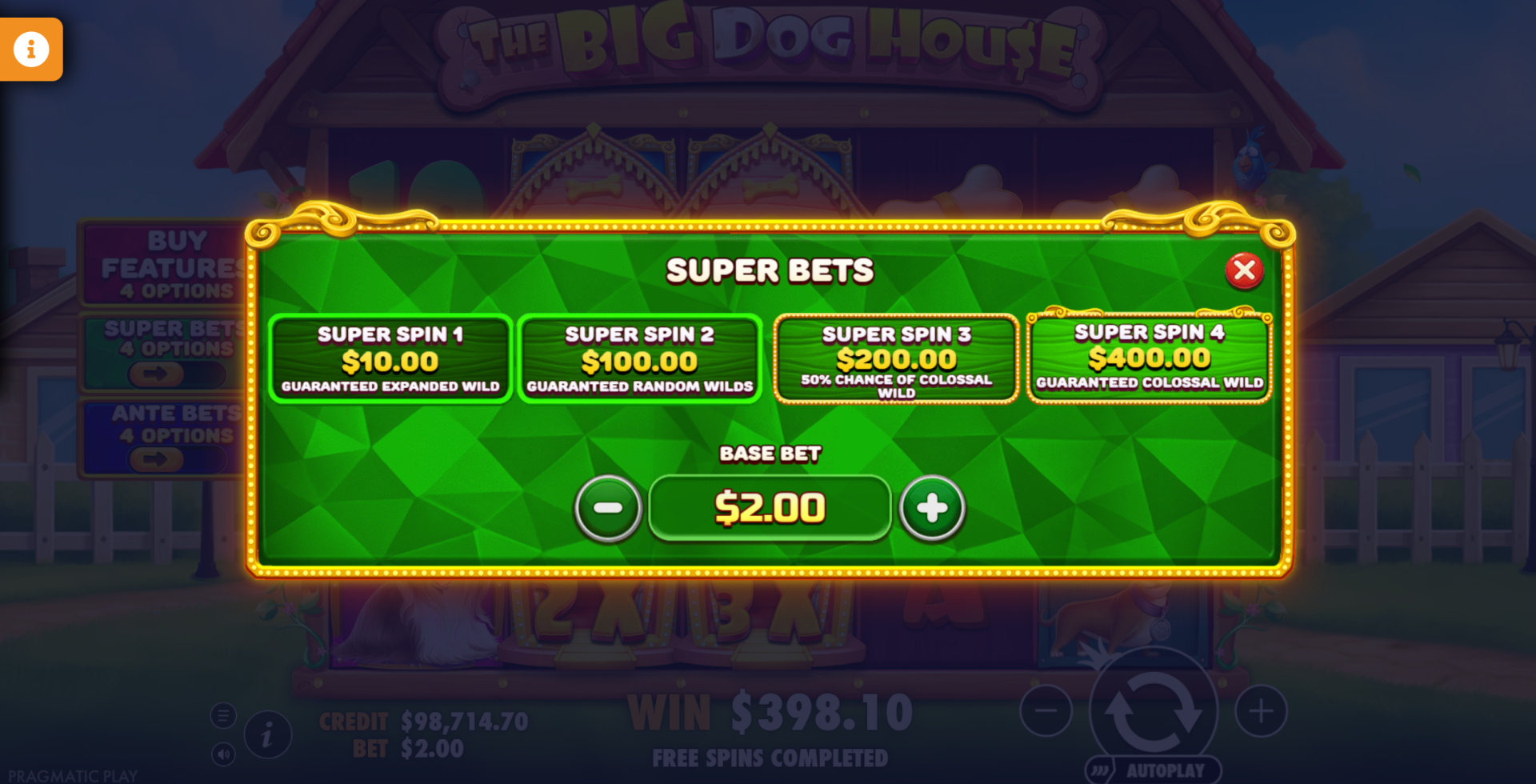 The Big Dog House super bets options menu
