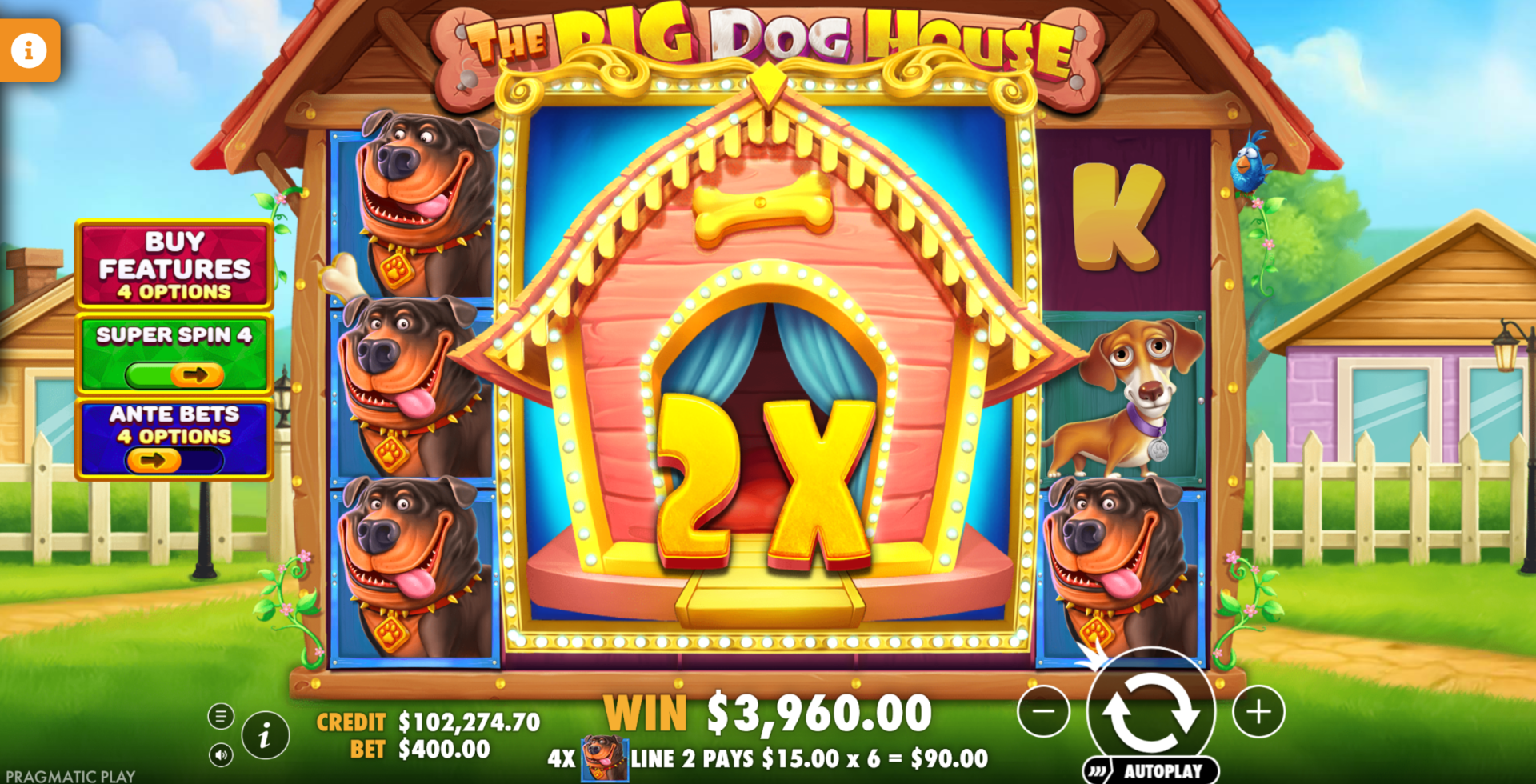 The Big Dog House super spin option showing a win
