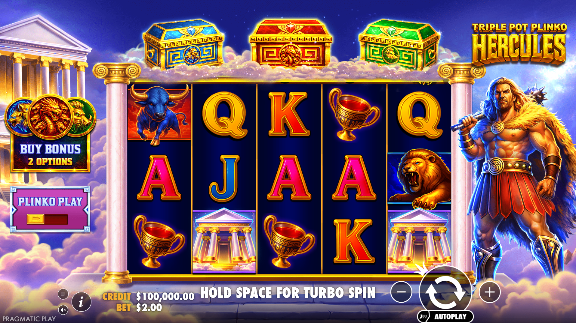 Triple Pot Plinko - Hercules base game showing the 5x3 slot grid