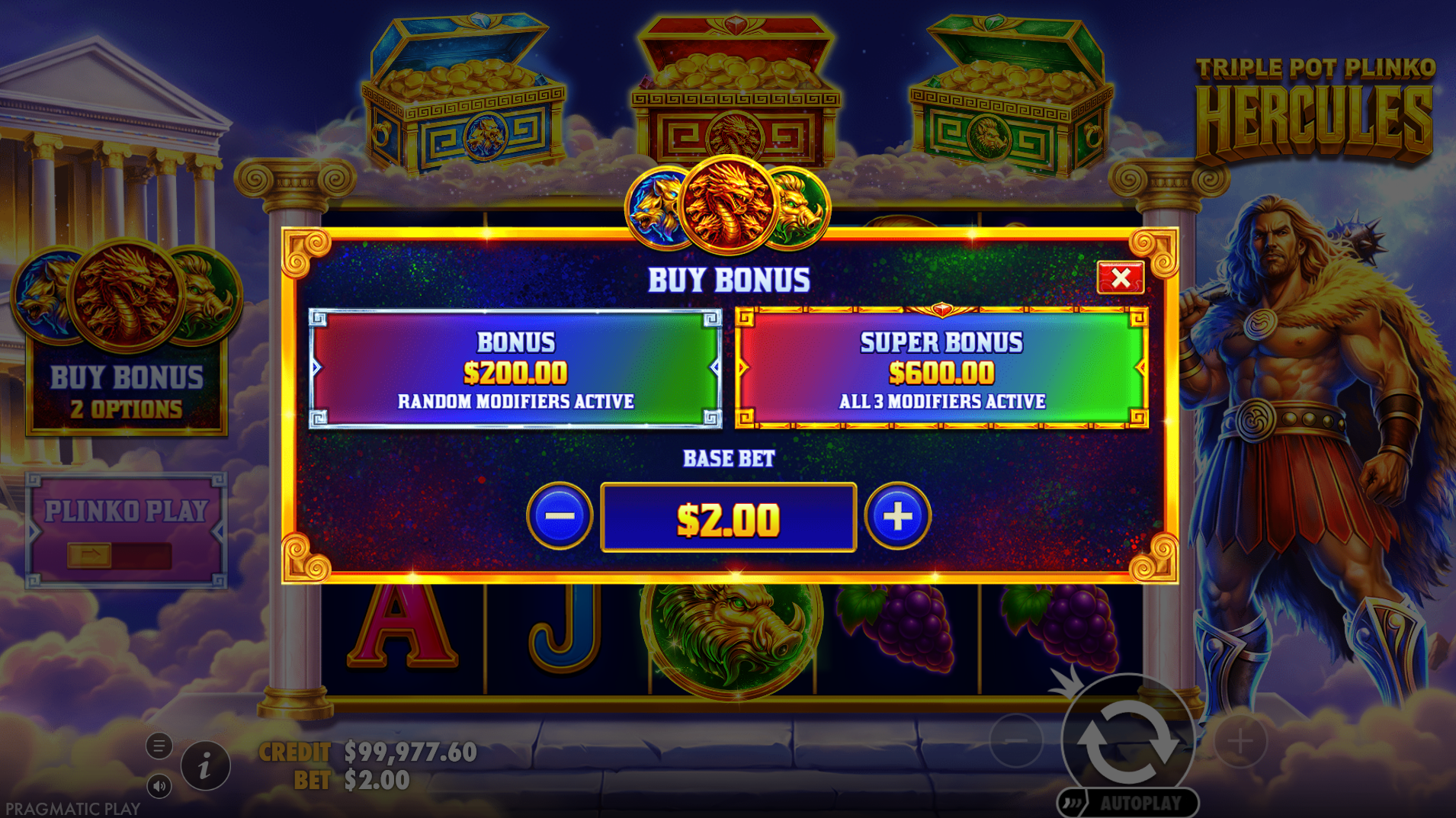 Triple Pot Plinko - Hercules bonus buy option screen showing 100x and 300x stake options